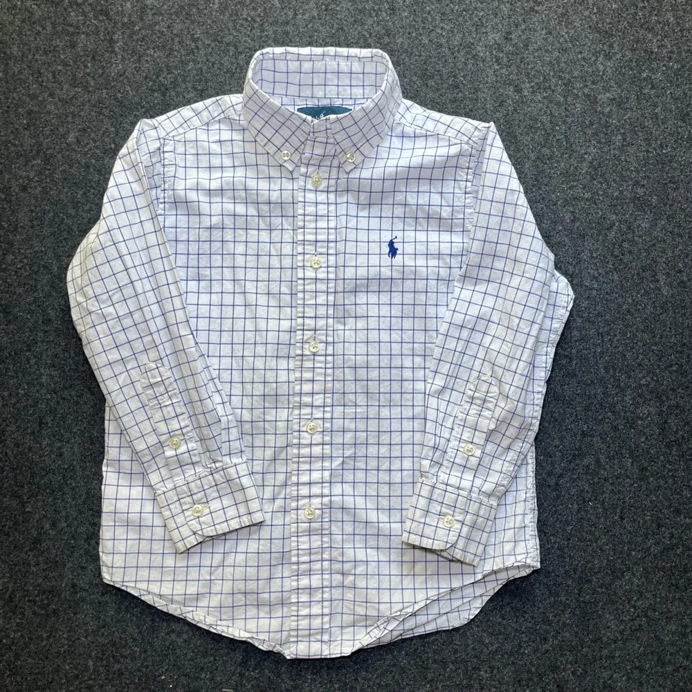 Ralph Lauren Button Down Boys 4 Blue Excellent Windowpane Check Cotton Shirt
